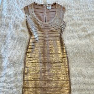 Herve Leger Womens Metallic Gold Bandage Dress Size Small Bodycon Designer EUC